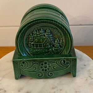 Vintage Ceramic Pottery Coaster Set Duncan Enterprises 1982 Rich Green Art Deco